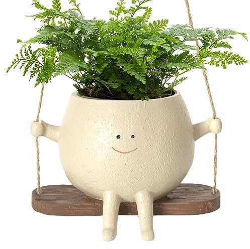 Pot De Fleurs Balançoire, Jardinière À Suspendre Intérieur Extérieur, Pot De Fleurs en Résine avec Visage Sourire Et Balançoire, Pot De Plant-ES Assis en Résine pour Plant-ES Succulentes