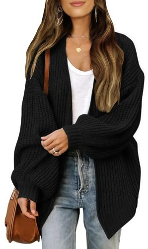 JFAN Mujer Cárdigan de Punto Jerséis Manga Larga Mujer Suéter Cárdigan Bolsillo Abrigo Cálido para Otoño e Invierno Negro XL