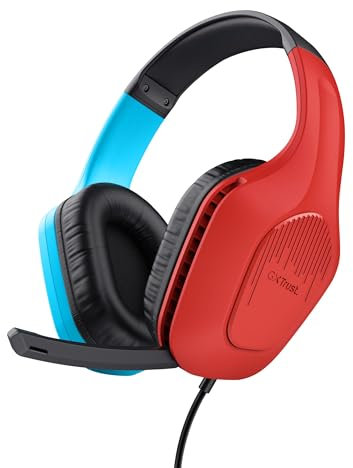 Trust Gaming GXT 416S Zirox Cascos Gaming Ligeros para Nintendo Switch con Drivers de 50 mm, Conexión 3.5 mm, Micrófono Plegable, Auriculares con Cable 1,2 m, Cascos Over-Ear - Azul/Rojo