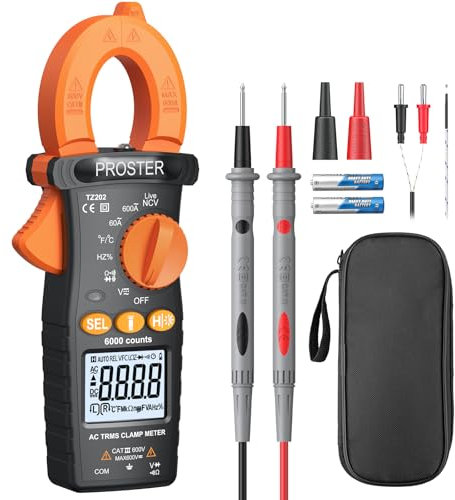 Proster Pinza Amperimétrica 6000 Cuentas 600A TRMS NCV Multímetro Digital Rango Automático con LCD Retroiluminada para Corriente Alterna Voltaje CC/CA Resistencia Capacitancia Continuidad Temperatura