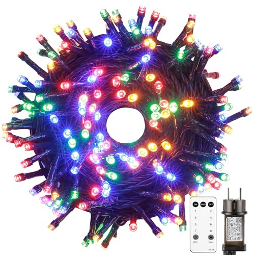 Tacobey Luci Albero di Natale Multicolore, 20M 200 LED Catena Luminosa con Telecomando, 8 Modalità, Impermeabile, Timer, Luci Natalizie da Esterno ed Interno, Cavo Verde Scuro