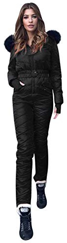LOIJMK Damen Skianzug Schwarz, Schneeanzug Einteilig Overall Jumpsuit Warme Schneejacke Winddichter Wasserdichter Skifahren Sätze Mit Kapuze Verdickte Skioverall Atmungsaktiv Ski Anzug Winteranzug
