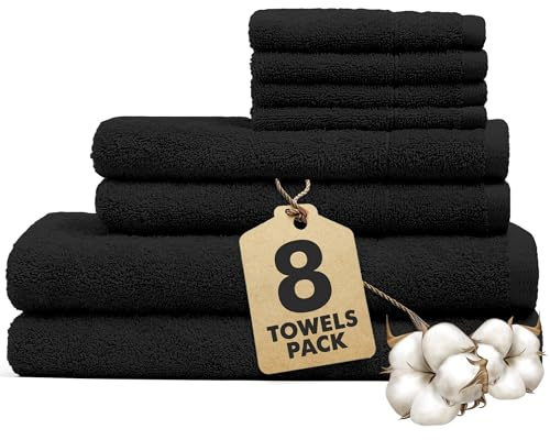 Ensemble de serviettes de bain Novo Home de 8 pièces – Lot de serviettes noires 100 % coton comprenant 2 serviettes de bain, 2 essuie-mains et 4 serviettes pour le visage – Serviettes douces