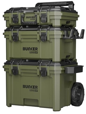BUNKER Load-Up 9 Piece Modular Tool Storage System - 3 Tier Stackable Rolling Toolbox Set with Organisers & Accessories - IP65 Waterproof, Heavy-Duty Build, All-Terrain Wheels - Workshop & Jobsite