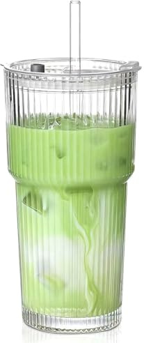 MINGHYZYA 20 oz Glass Tumblers, Iced Coffee Cups with Lids and Glass Straws, Thickened Wall Ribbed Glass Cups, Ideal for Smoothies, Cocktails, and Juices – Vintage and Durable Drinkware – 1 Pack