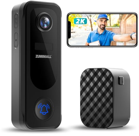 ZUMIMALL Doorbell Camera Wireless No Subscription - 2K Video Doorbell with Chime, 2 Way Audio, Anti-Theft, PIR Human/AI Detection, Local/Cloud Storage, 2.4GHz WiFi, Battery Powered, Work with Alexa