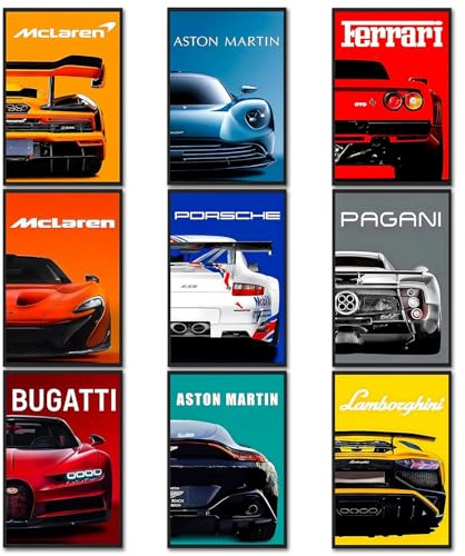 9 Piezas Póster Auto SuperCar Impresiones en Lienzo Arte de Póster Supercar para Chicos y Hombres Cuadros de Carrera para Oficina, Dormitorio, Salón, Decoración de Garaje (Sin Marco, 20 x 30 cm)