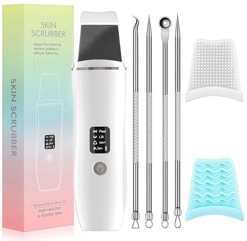 Blackhead Remover Tools for Facial Skin, Black Head Remover for Face Scrubber, Face Pore Ion Scrubber & Cleaner with 4 Modes, Ultrasonic Spatula With Silicone Covers and Removal Kit (White)