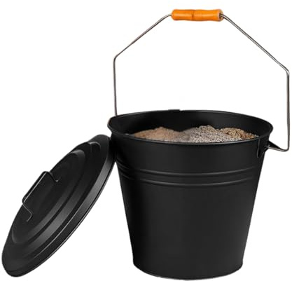 ARUUJ 10L Hot Ash Bucket with Lid, Wooden Handle Fireplace Container, Heavy Duty Burning Stove Bin, Fireside Storage Coal Bin, Strong Metal Fireplace Bucket, Tight Lid Cover Wood Log Burner H29cm
