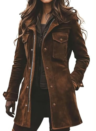 Generisch Veste rétro en daim synthétique pour femme - Fermeture éclair - Utilité militaire - Veste de safari mi-longue - Vestes en daim pour femme
