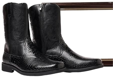 GIJMZY Stivali Cowboy Uomo Stivali da uomo, classici, retrò, ricamati, a metà polpaccio, alla moda, alti, casual, in pelle, stivali da cowboy for uomo(Black,43)