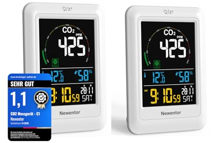 Newentor CO2 Messgerät, 4 CO2-Konzentrationsstufen mit Alarm und Lüftungsempfehlungen, Batteriebetrieb & USB-Anschluss mit 3 Helligkeitsstufen, für Schulen, Büro, Wohnzimmer, NDIR, Weiß, 2er Pack