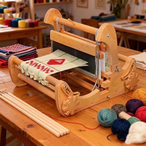 MObyat Mini Métiers À Tisser Créatifs Pliables, Kit De Métiers À Tisser en Bois De Table avec Dispositif À Roseaux, Densité Tissu Réglable, Largeur De Tissage 30 Cm, Conception d'arbre Excentrique