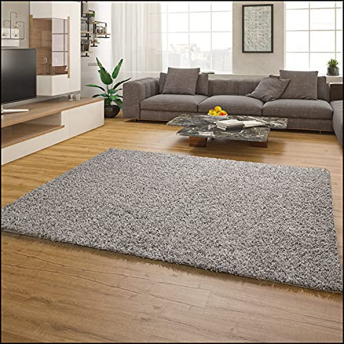 Paco Home Teppich Wohnzimmer Schlafzimmer Hochflor Shaggy Flokati Optik Einfarbiges Design Weich Flauschig Moderne Deko, Grösse:140x200 cm, Farbe:Grau