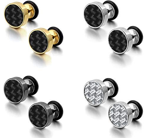 Epoch World 4 Paare Set Edelstahl Ohrringe für Herren Damen Männer Ohrstecker Herren SIlber, Ohrringe Damen Gold Ohrringe Kohlefaser Ohrstecker Männer Piercing 8MM