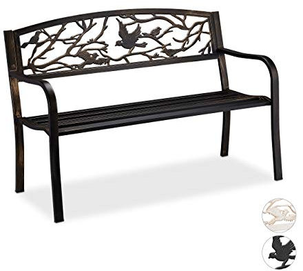 Relaxdays Gartenbank, Vögel Muster, 2-Sitzer, Vintage, Garten & Balkon, Stahl, Sitzbank, 87x127x57 cm, schwarz/bronze