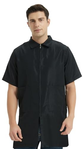 TOPTIE Barber Jacket Manches Courtes Lavable en Machine Manteau Homme Chemise de Travail Noire-M