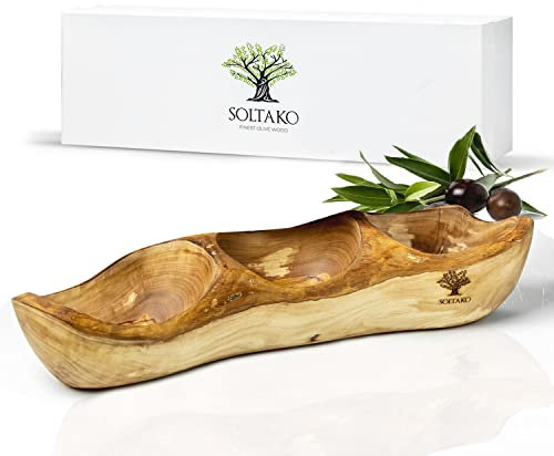 SOLTAKO Piatto da antipasti in legno d'ulivo - vassoi da aperitivo con 3 scomparti - Piatto da portata - Ciotola in legno grezzo per snacks, formaggi, salse, affettati - ca. 34x10 cm