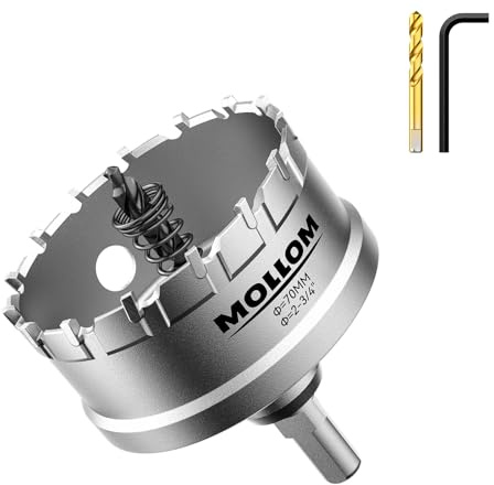 Mollom 2-3/4 (70mm) kraftfull karbidhålskär med 2 styrborrar | Industriella hålskär för skärning av rostfritt stål, konstruktionsstål, järn, koppar, mässing och plast