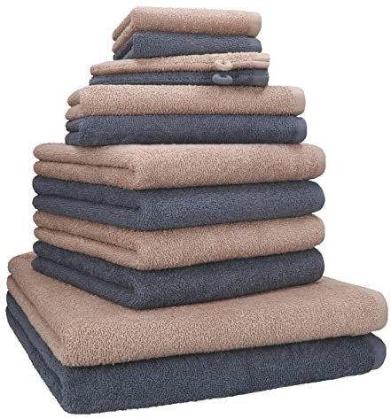 Betz Lot de 12 Serviettes Berlin 100% Coton 2 draps de Bain 4 Serviettes de Toilette 2 Serviettes d'invité 2 lavettes et 2 Gants Couleur Cappuccino - Gris foncé