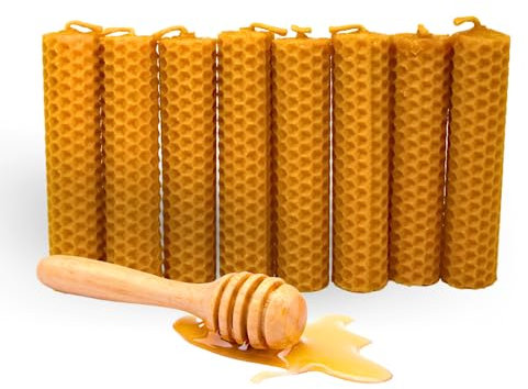 DECEVI Bienenwachskerzen Honigwabe – 8 Stück – 100% Natürliches spanisches Bienenwachs – Handgefertigt & Ohne Paraffin – Nachhaltige Kerzen für Zuhause (8 Stück, 10 cm x 2,2 cm)