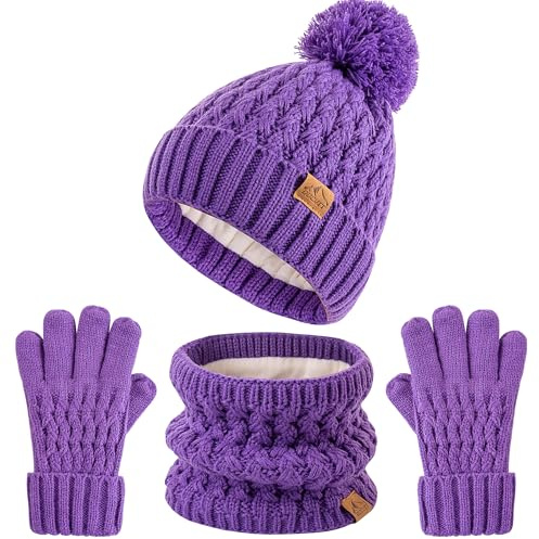 Kids Pompom Winter Beanie Hat Scart Gloves Set,Boys Girls Knitted Fleece Lined Woollen Hat for Children's Toddler 3-9 Years