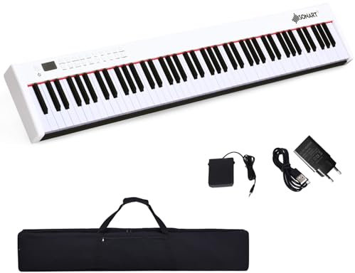 DREAMADE Keyboard Piano mit Bluetooth, E Piano 88 tasten mit 128 Rhythmen/Klänge & 20 Demo-Songs, Digital Piano mit einstellbarer Tastenstärke & Sustain Pedal & Tragetasche (Weiß)