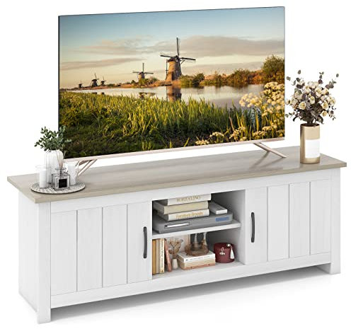 COSTWAY TV Schrank, Lowboard mit 2 Türen und offenen Regalen, TV Ständer für Fernseher bis 65 Zoll, Fernsehtisch, Fernsehschrank für Wohnzimmer, Schlafzimmer, 145 x 40 x 50 cm (Weiß + Grau)