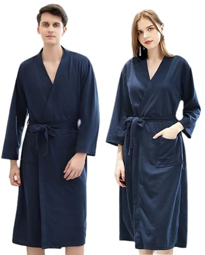XGOPTS Waffle Bathrobe for Men Women, Cotton Waffle Textured Kimono Robe Bathrobe Lightweight Loose Long Dressing Gown with Pockets Fashion Couple Bath Robe for Home Hotel Sauna Bath