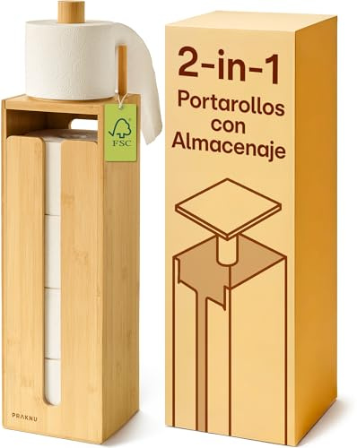 Praknu Portarrollos Papel Higiénico de Pie en Bambú – Soporte Papel Higienico de Madera FSC con Tapa Magnética - Almacenaje para 4 Rollos – Ahorra Espacio – Antideslizante