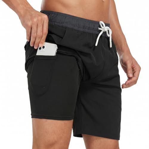 AUFIKR Men's Swim Trunks Mens Double Layer Beach Shorts with Compression Liner 2 in 1 Board Shorts with Pockets Surfing Sport Surfing Board Shorts Black