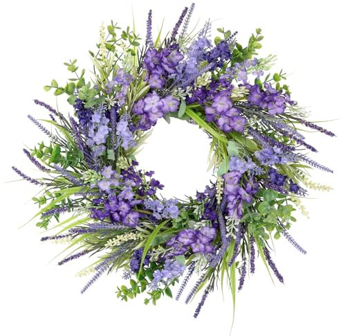Arborus Artificial Lavender Wreath 17.7 Small Summer Wreaths for Front Door Realistic Purple Silk Flower Wreath Faux Spring Floral Wreaths for All Seasons Farmhouse Mantle Wedding Home Decor
