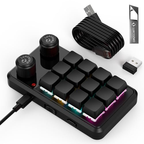 LUKCOZMO Macro Pad Macropad Programmable Keypad Customized 12-Key Mini Mechanical Gaming One Handed Keyboard RGB OSU Micro Keyboard Macropad Knob Wireless Receiver&Type C 1m Cable(Black)