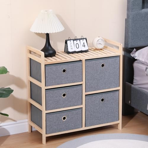 Homullel Wooden Frame Chest of Drawers for Bedroom Storage Unit with Fabric Drawers Storage Organiser Unit for Laundry, Bathroom, Bedroom (Grey, 5 Drawers)