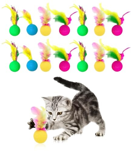 ZHYUAN 12 pezzi,Palline giocattolo per gatti,Kitten Palla Colorata,Palla per gatti con piuma,Giocattoli per Gatti Palline con Piuma Arcobaleno,Gattino domestico palla di schiuma colorata