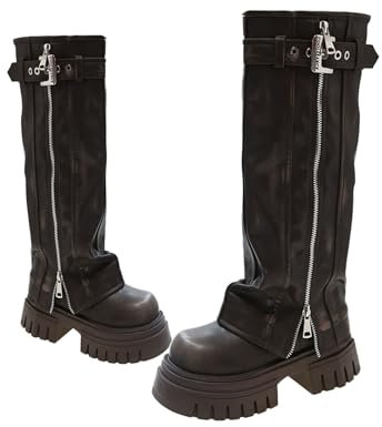 Stivali alti sopra il ginocchio con risvolto, morbidi per donna, fibbia per cintura, punta rotonda, tacco spesso, cerniera, stivali piattaforma, moto, comodi, 5,5 cm,Marrone,38 EU