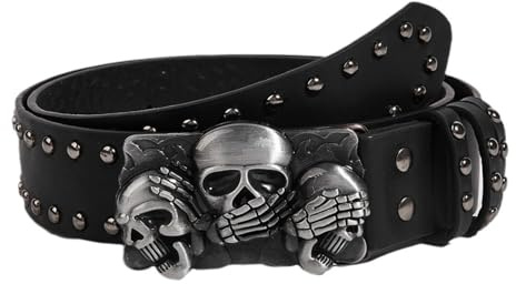 YUXITA Cintura in vita con fibbia a teschio punk catena skinny per cowgirl fibbia moderna cintura in vita catena borchiata, Nero , As pictures shown