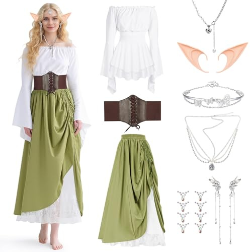 TOSZOLY Robe Medievale Femme, Robe Irlandaise Traditionnelle pour Femme, DéGuisements Dress Halloween Renaissance, Déguisement Elfe Femme pour Halloween Cosplay avec Coiffe, Accessoire, Ceinture, L