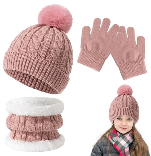 Kids Winter Beanie Hat Scarf Gloves Set, Knit Thick Warm Fleece Lined Thermal Set, Cold Weather 3 Piece for 2-8 Years Old Boys Girls Children Winter Accessories for Outdoor Sports(Pink)