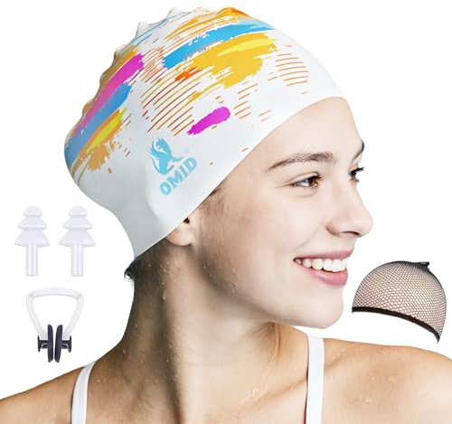 OMID Women Swim Cap for Long Hair & Thick Hair - Extra Large Silicone Swimming Cap, Waterproof Pool and Beach Gear for Adults with Braids, Dreads, Ponytail (Multi-Color Streak)