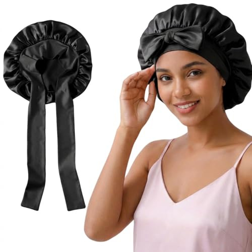 FIGCY Bonnet de Nuit en Soie 100% Mûrier pour Sommeil, Bonnet en Soie Réglable et Respirant, Protection Cheveux Bouclés et Lisses