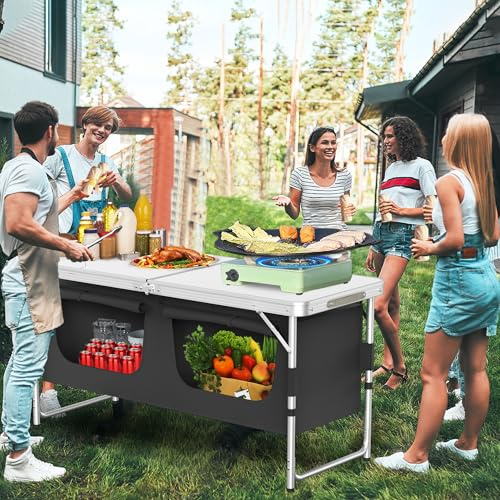 YEATHOR Camping Kitchen Unit Folding Camping Storage Cupboard with Aluminium Frame, 2 Cabinets & Carring Bag Portable Camping Table Outdoor Kitchen Furniture for Garden Party Picnic
