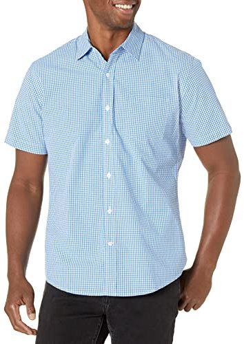 Amazon Essentials Men's Regular-Fit Short-Sleeve Poplin Shirt, Blue Gingham, L