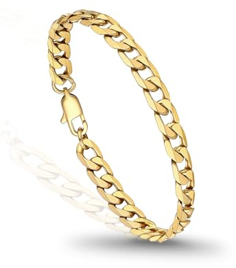PROSTEEL Mens Bracelet - Stylish Flat Cuban Chain Wrist Link Bracelets Hypoallergenic 316L Stainless Steel Hip Hop Jewellery for Men Boys Gold Plated 19CM Length 6MM Width (with Gift Box)