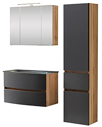 Kornel 5-3-teiliges Badset mit grauem Waschtisch - Eiche / Grau matt