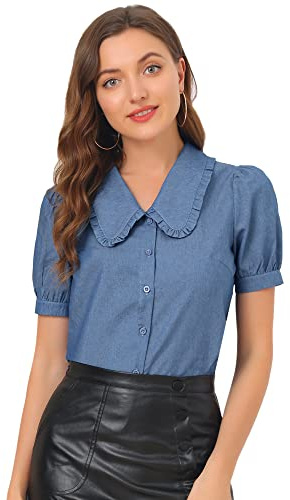 Allegra K Chambray Blusa para mujer con cuello Peter Pan Puff manga corta, Azul / Patchwork, Medium