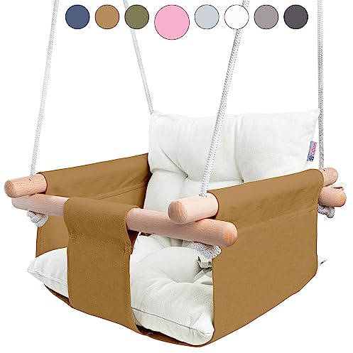 CaTeam - Altalena per Bambini in Tela, Sedia Altalena Sospesa in Legno con Cintura di Sicurezza, Sedia per Amaca Resistente, Altalena per Esterni e Interni per Bambini, Ocra