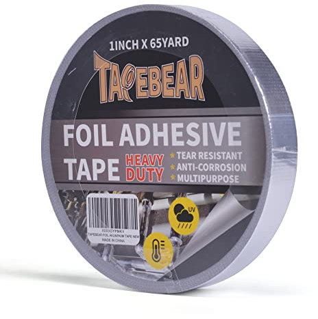 TAPEBEAR Ruban Adhésif En Aluminium Renforcé, Ruban Adhésif En En Fibre De Verre, Bande Haute Températures, Résister à 80°C à 100°C，Pour Réparation, 1inch X 65yard, Argent