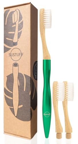 Sustuff | 3 Bamboo Toothbrushes with Medium Plant-Based Bristles | Reusable, Recycled and Plastic-Free Handle (Jungle Green) Travel Toothbrush