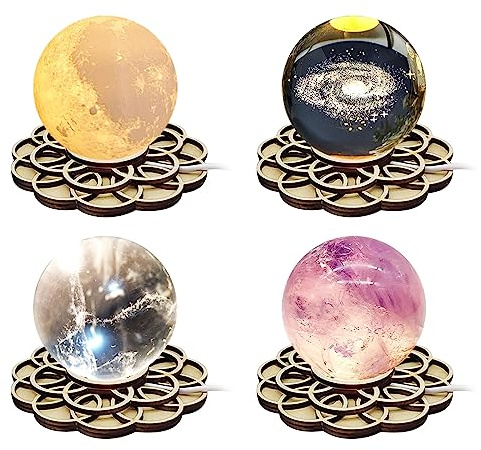 4pcs Wooden Lotus LED Light Base, Mandala Crystal Sphere Display Stand with USB Switch Cable Crystal Ball Grid Board Base for Crystal Ball Nature Stone Collection Display, Warm Light